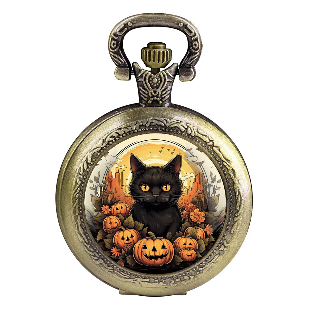 Montre à Gousset Halloween chat – Cadran Blanc, Capot Décoré