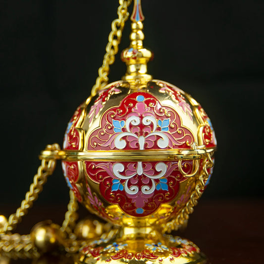 Gold Plated Orthodox Church Censer with Red Pink Blue Enamel Floral Patterns for Christian Liturgy Incense Burning Religious Cer Montre à gousset