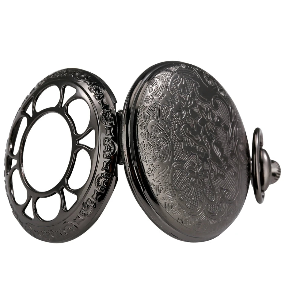 Montre à Gousset Noire – Cadran Blanc &amp; Capot Décoré
