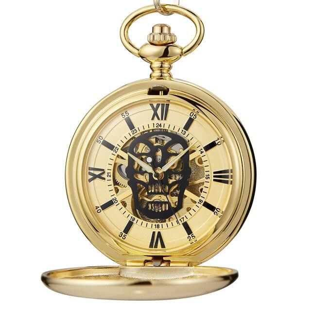 Montre à gousset mécanique à remontage manuel, boitier doré et cadrans skull Ma montre à gousset