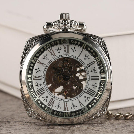 Montre à gousset mécanique à remontage manuel, de forme carré, gravure et cadrans ouvert Ma montre à gousset