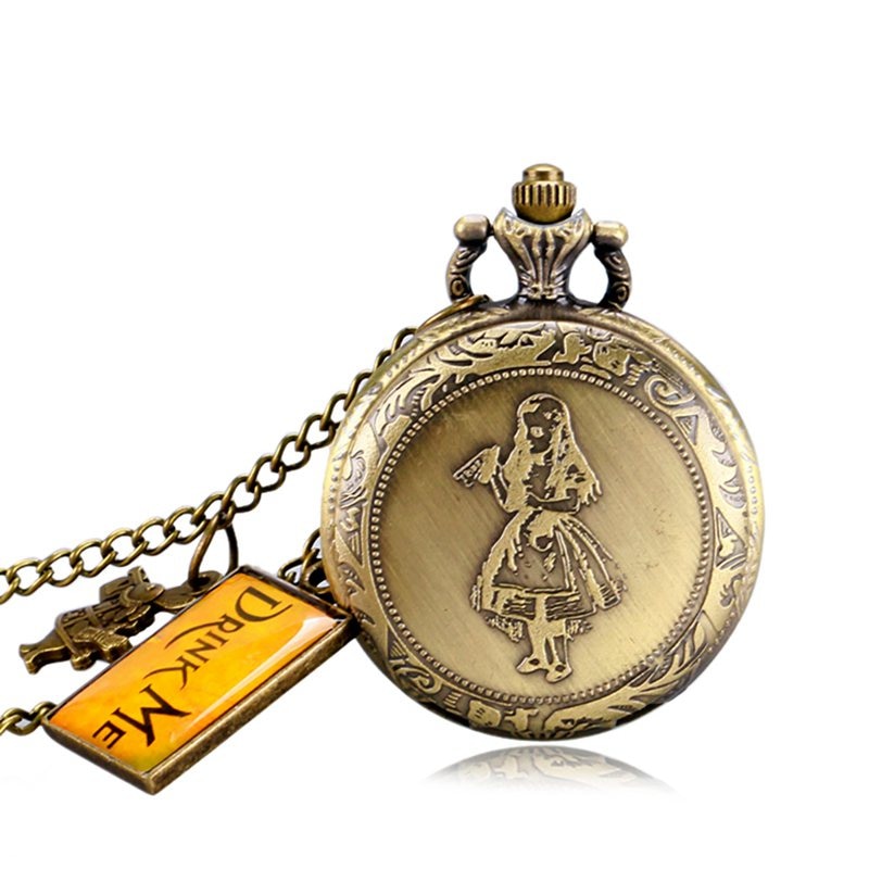 Montre à gousset thématique "Alice", mouvement quartz et petite fiole en verre Ma montre à gousset